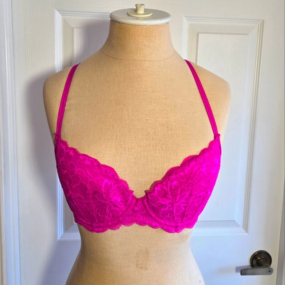 Victoria's Secret Magenta Pink‎ Covertible Bra Size 36 B PINK Lace Lingerie